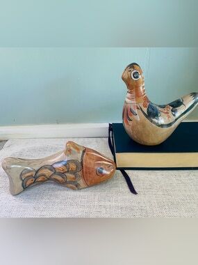 Vintage Tonala Mexico Hand Painted Pottery Set - 1 Bird & 1 Fish Figurine